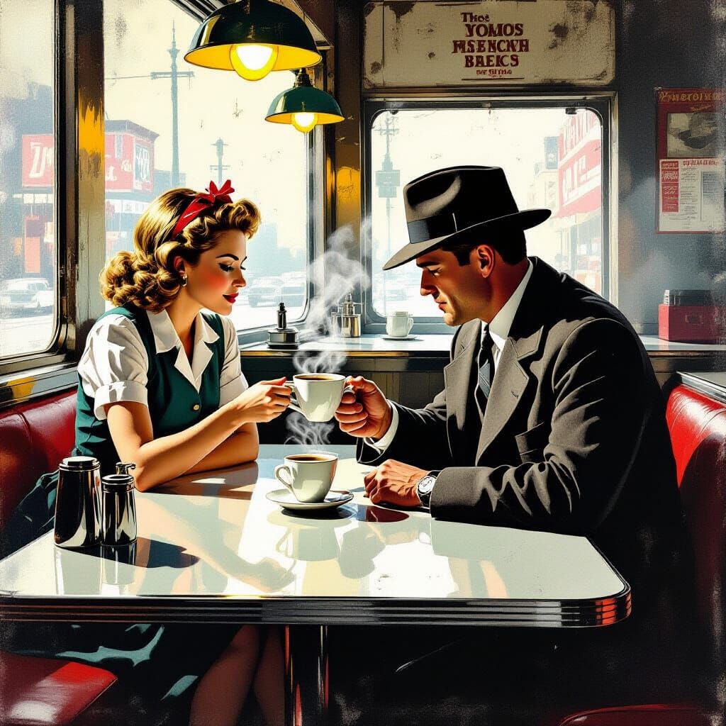 1940s Diner Scene: Detective Gets Coffee in Film Noir Style