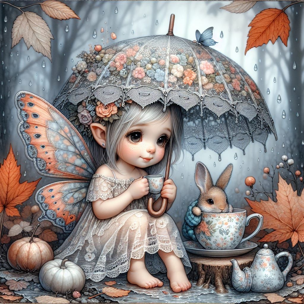 Gentle Fairy in Lace Slip Dress Sipping Tea Under Umbrella i...