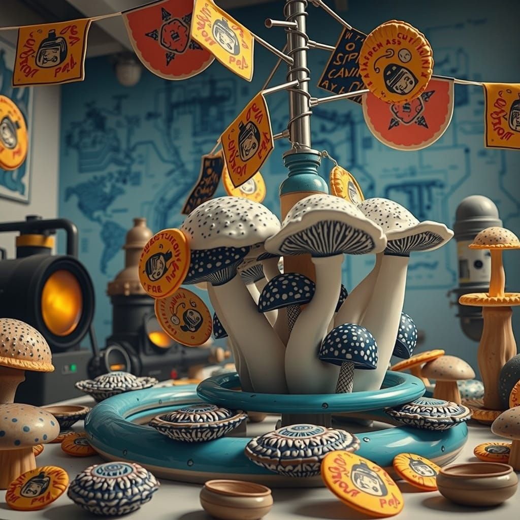 Surreal Flag Installation in Vibrant Linocut Style