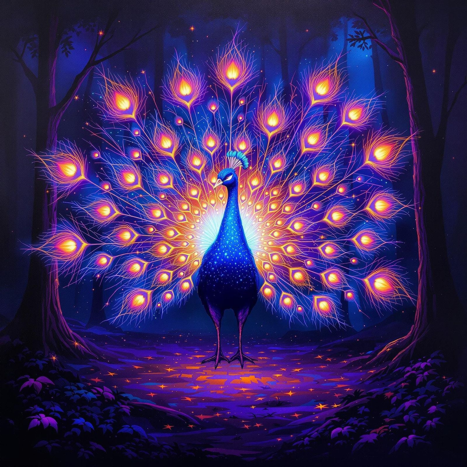Vibrant Bioluminescent Peacock Painting in the Night Forest