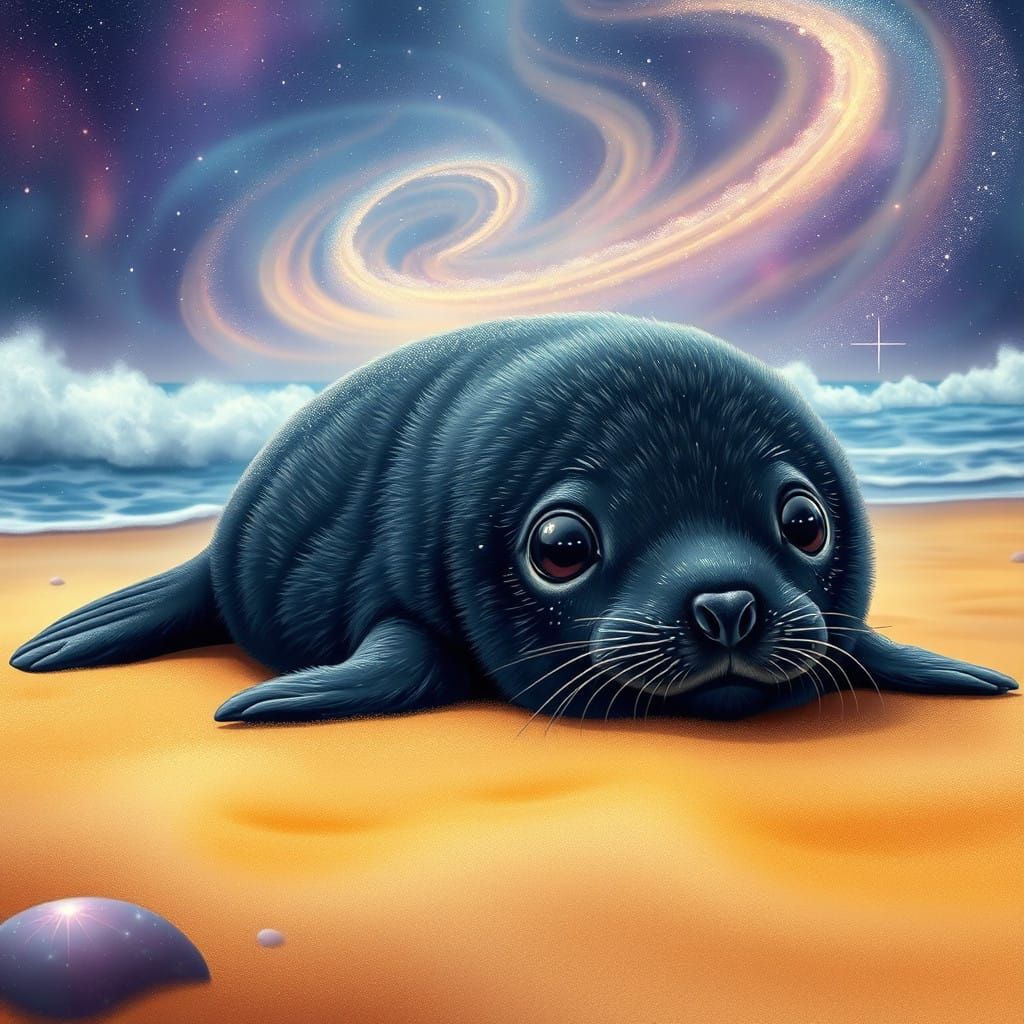 Cosmic Black Baby Seal on Golden Beach