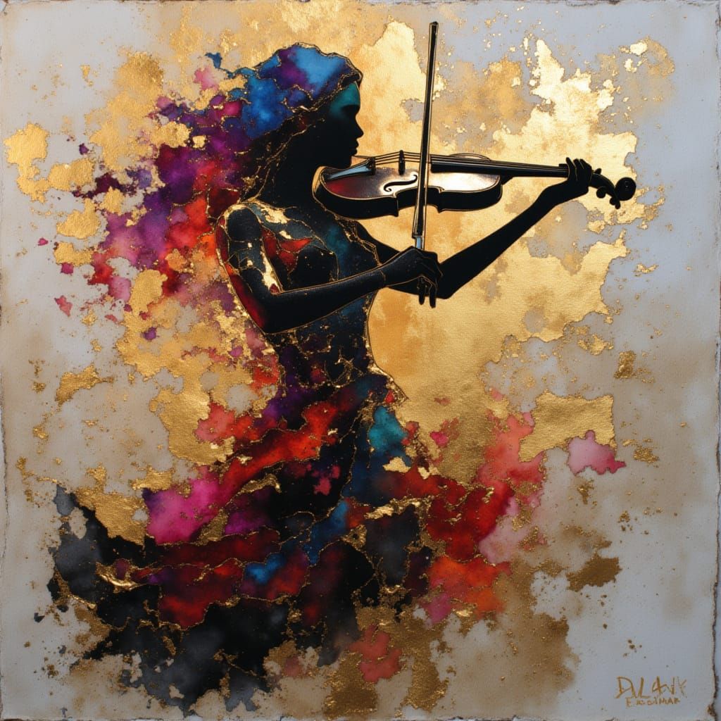 Violin Musician with Music as Floating Fragments