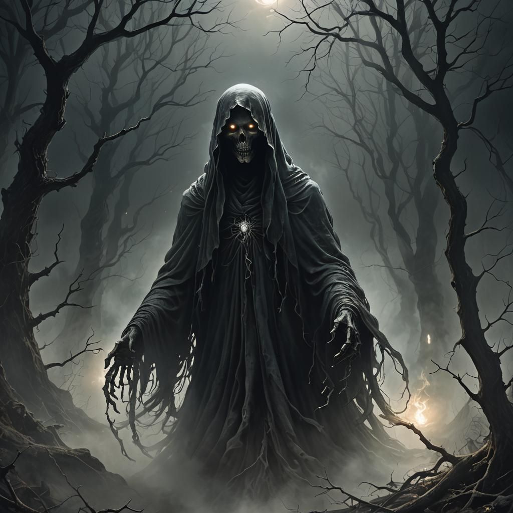 Dark Fantasy Ghost Drifting in Dimly Lit Void