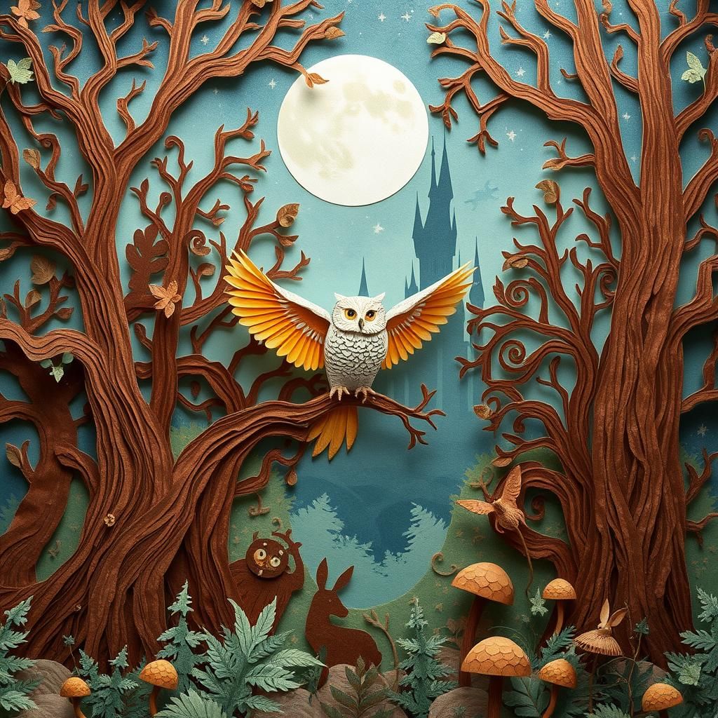 Mystical Paper Forest with Owl in Moonlight