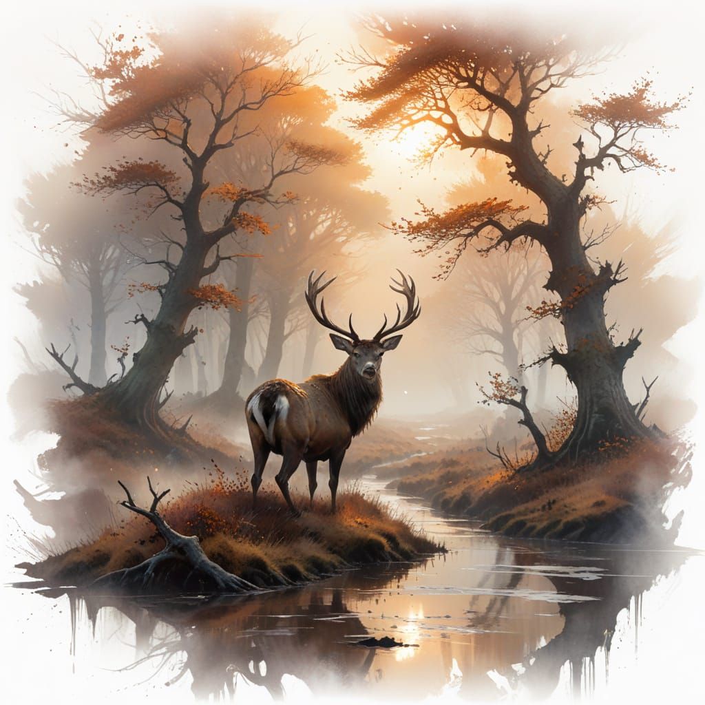 Stag in Autumn Moor: Watercolor Sunset Scene