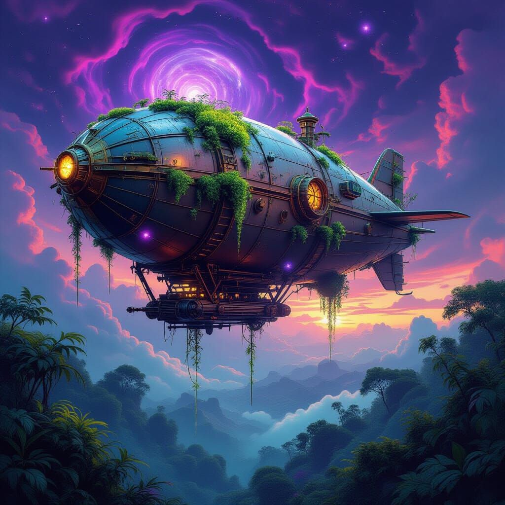 Steampunk Dirigible Over Alien Jungle Sky