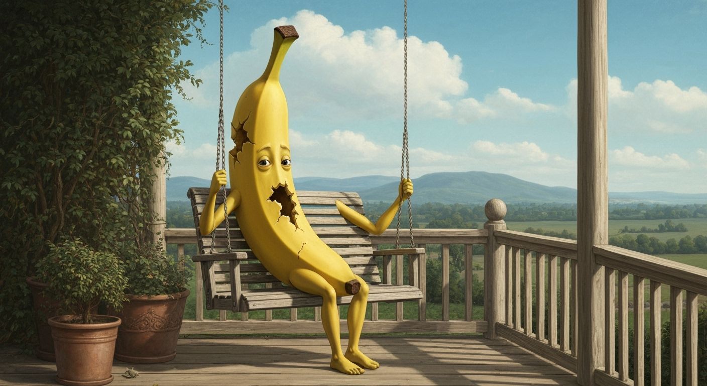 Destroyed Anthropomorphic Banana on Porch Swing