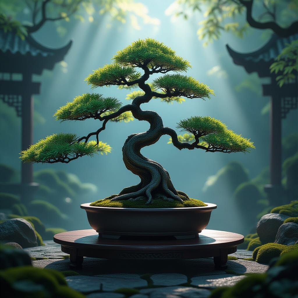 Epic Bonsai Tree in Mystical Garden