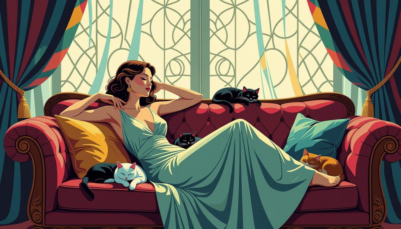 Neo-Cubist Woman with Cats in Art Deco Setting