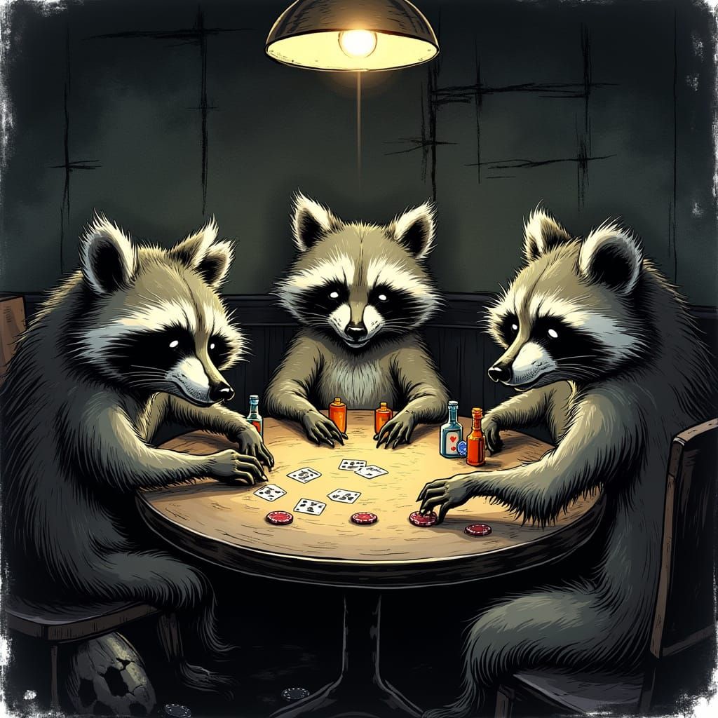 Raccoons Play Poker in Gritty Comic Art Style