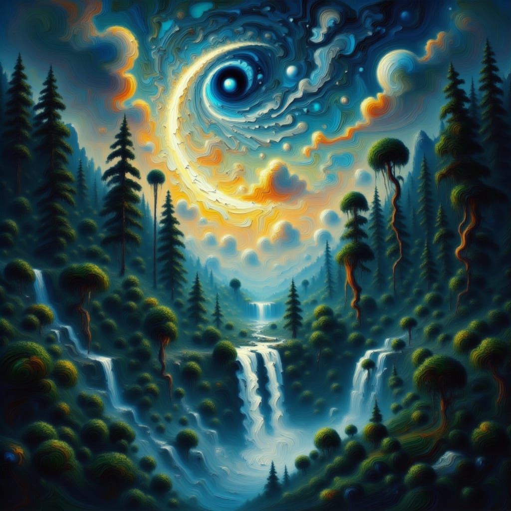 Surreal Double Exposure Moon Waterfall in Fractal Streams