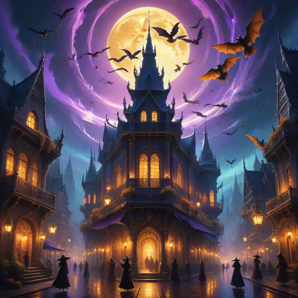 Witches Fly Over Golden Fantastical City in Digital Art