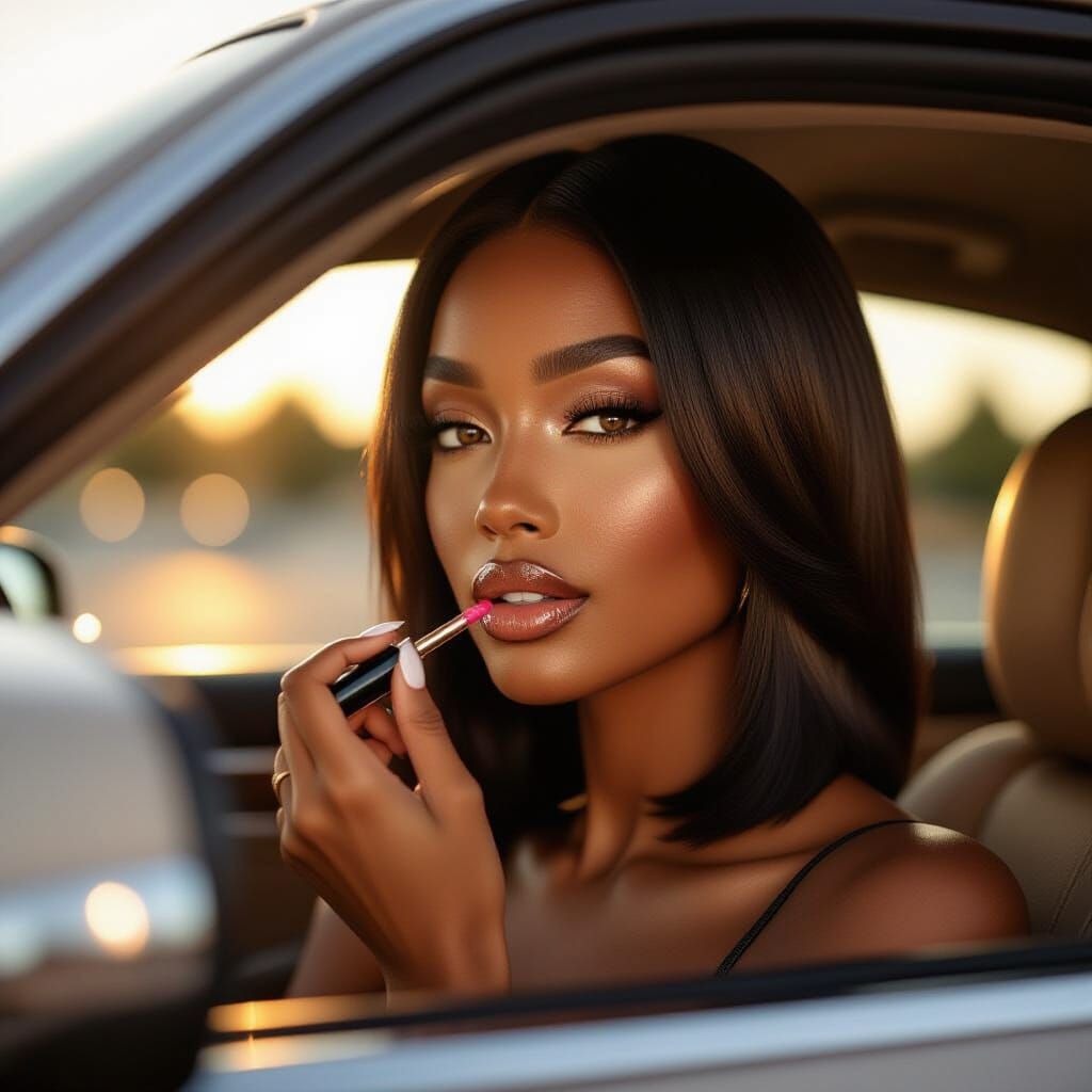 AI Influencer Applying Lip Gloss in Luxury Car