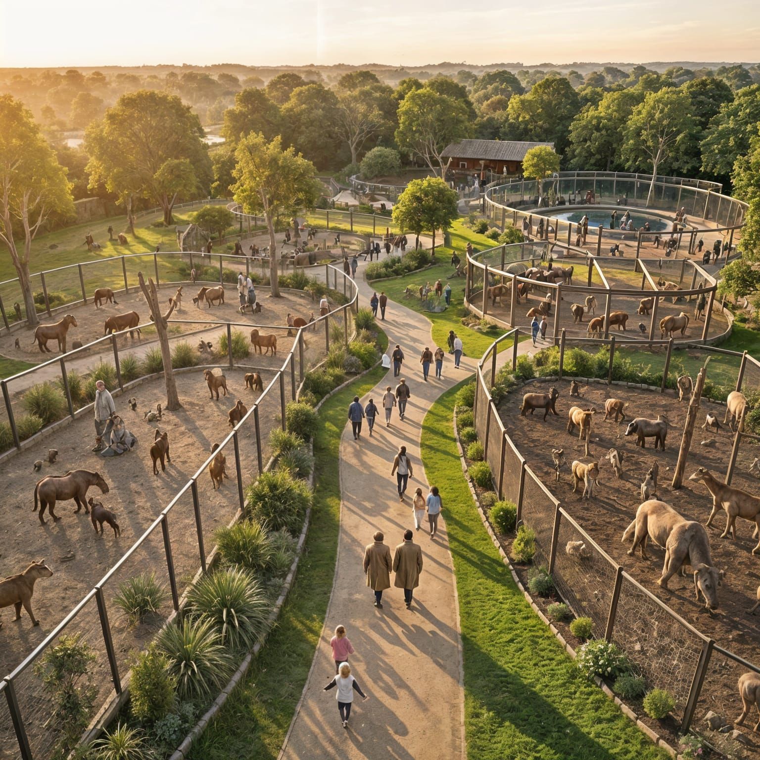 Aerial Zoo Vista with Mysterious Figures at Golden Hour