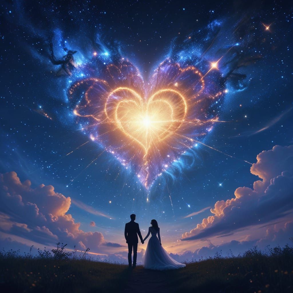 Celestial Heart in Sky with Silhouetted Couple