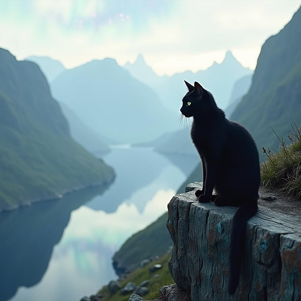 Black Cat and Dragon Under Northern Lights