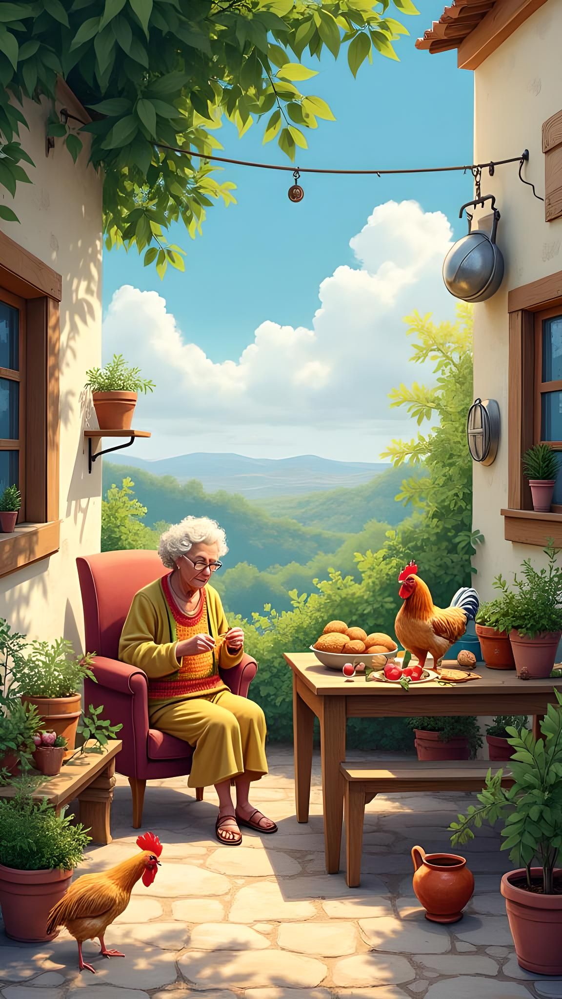 Rustic Courtyard Dining Scene with Knitted Details