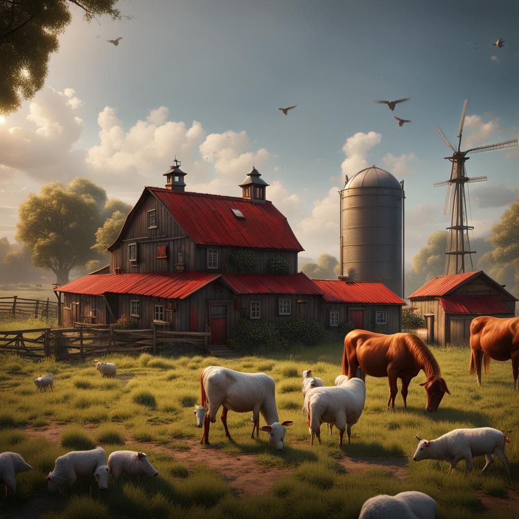 Traditional Farm Scene: Detailed Matte Painting in 8K