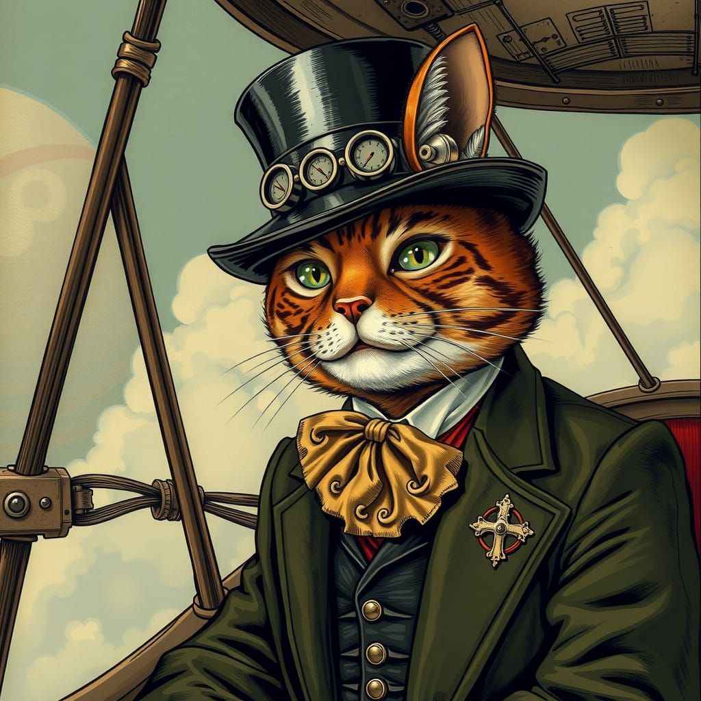 Steampunk Cat Airship Pilot in Top Hat