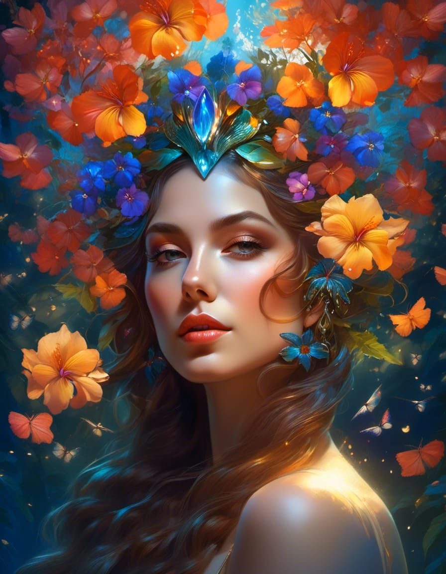 Enchanted Flower Goddess in Bioluminescent Forest