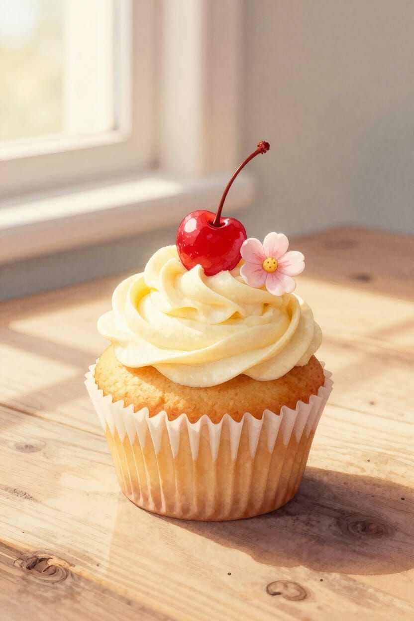 Whimsical Cupcake with Cherry and Flower on Rustic Table