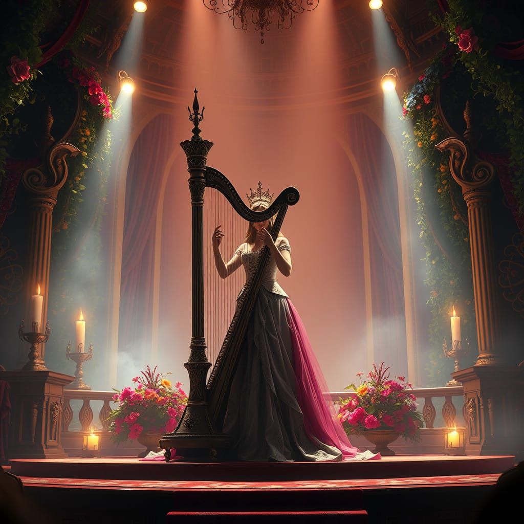 Regal Queen Enchants with Ethereal Harp in Lush, Mystical Se...