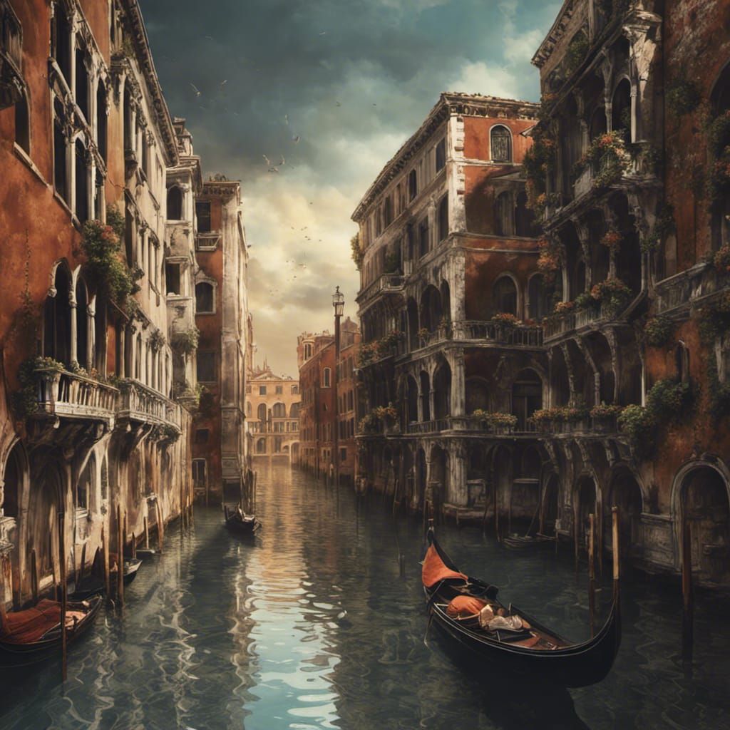 Depict the canals of Venice filled with murky water, gondolas half-sunken, and historic buildings with their lower level...