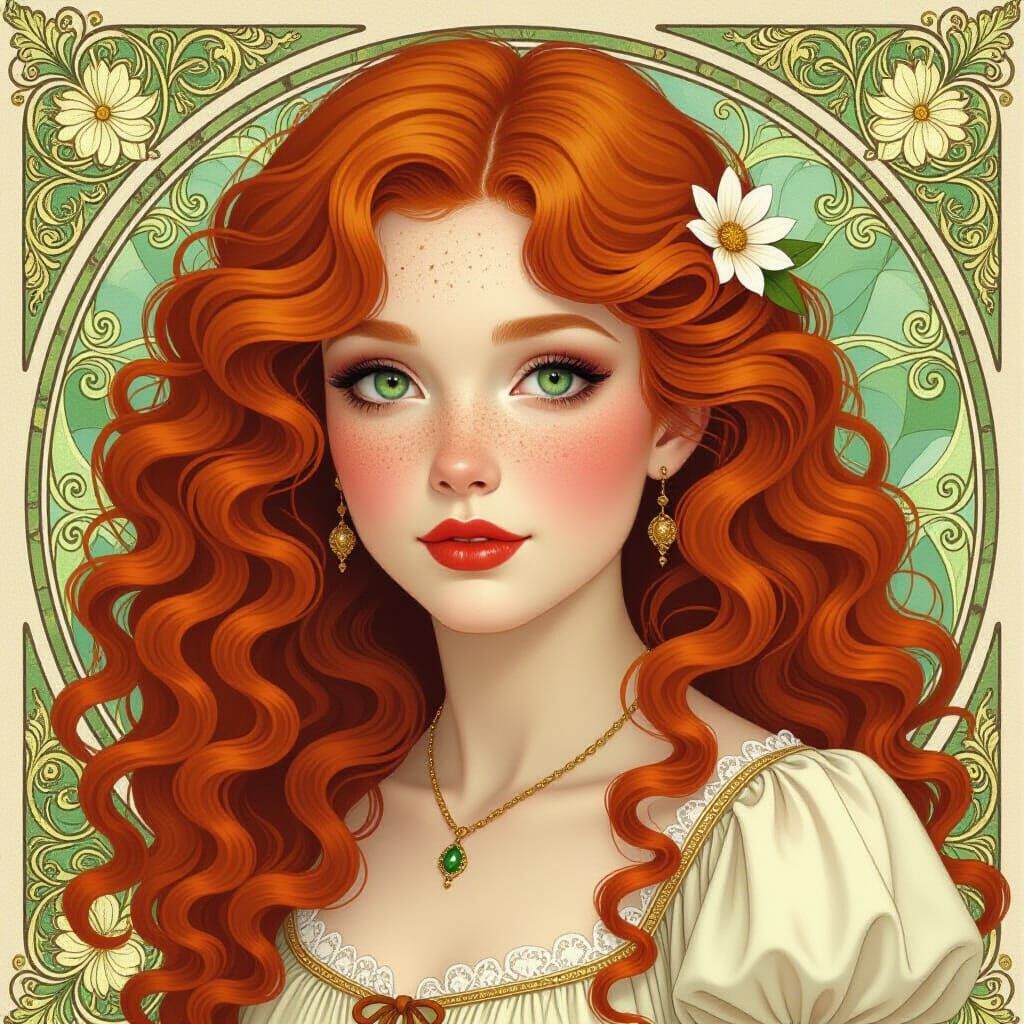 Freckled Ginger Girl in Pre-Raphaelite Style