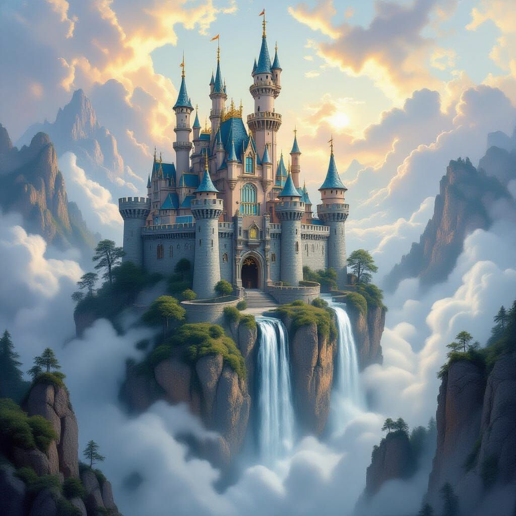 Majestic Castle on Floating Rock in Ethereal Oil Painting St...