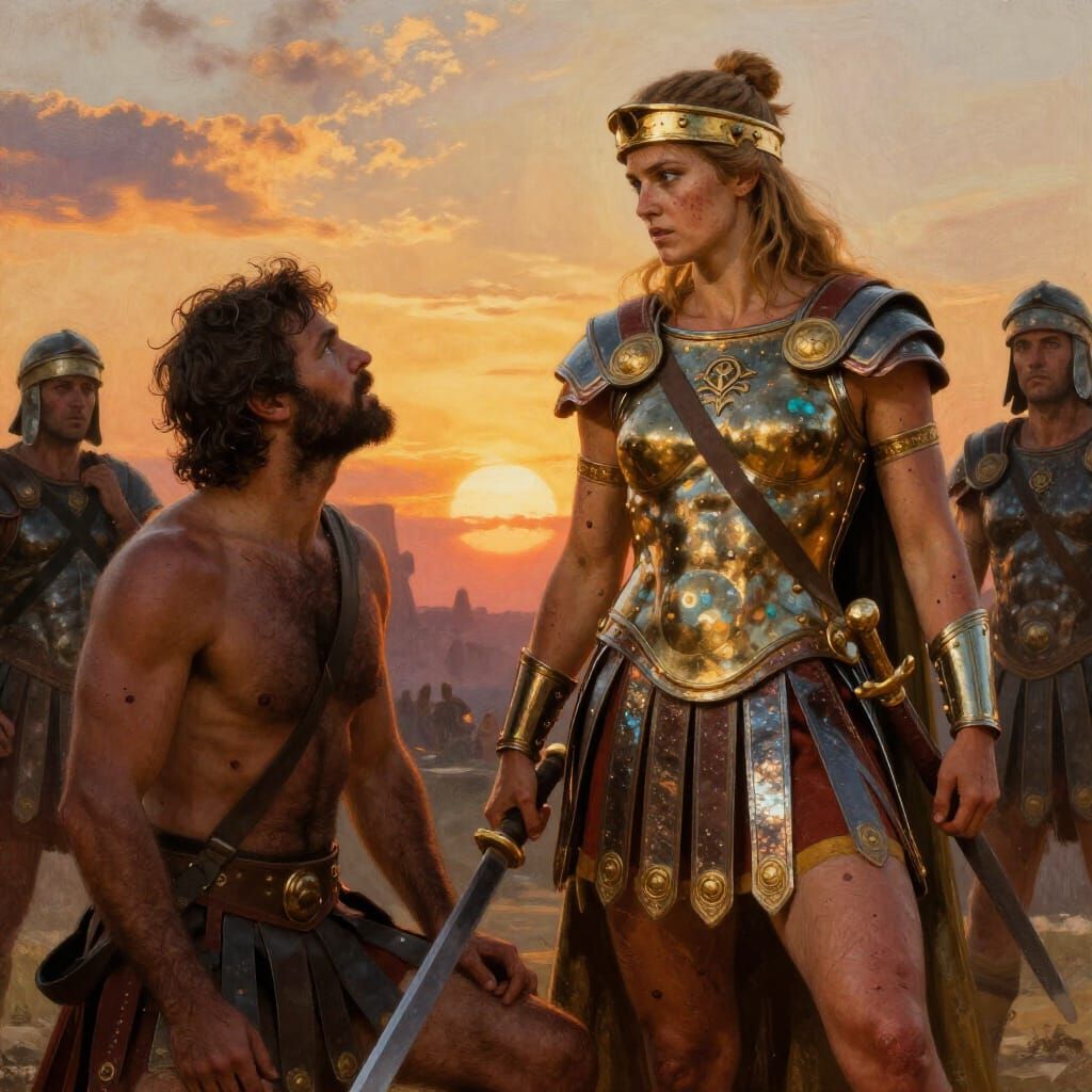 Victorious Female Gladiator Stands Over Fallen Foe in Arena