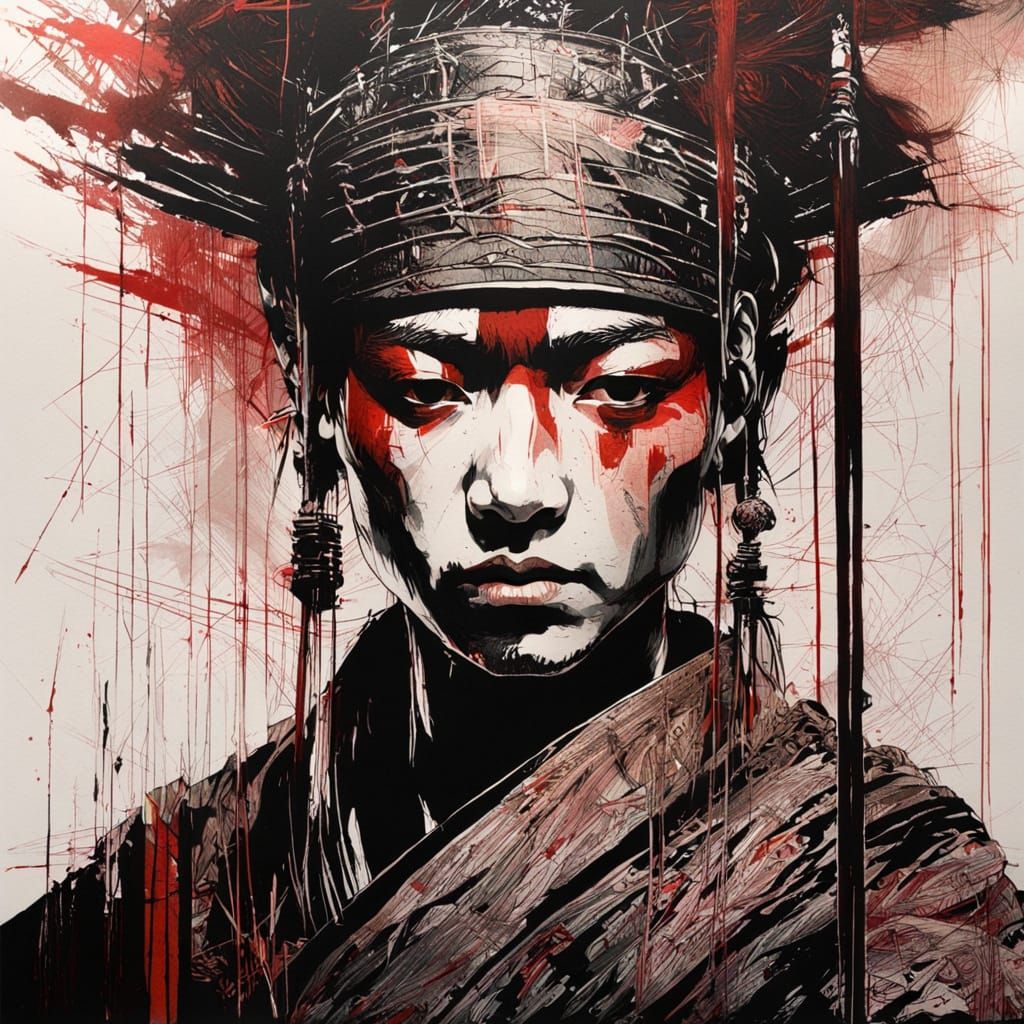 Samurai Geisha Portrait in Scratch Art Style