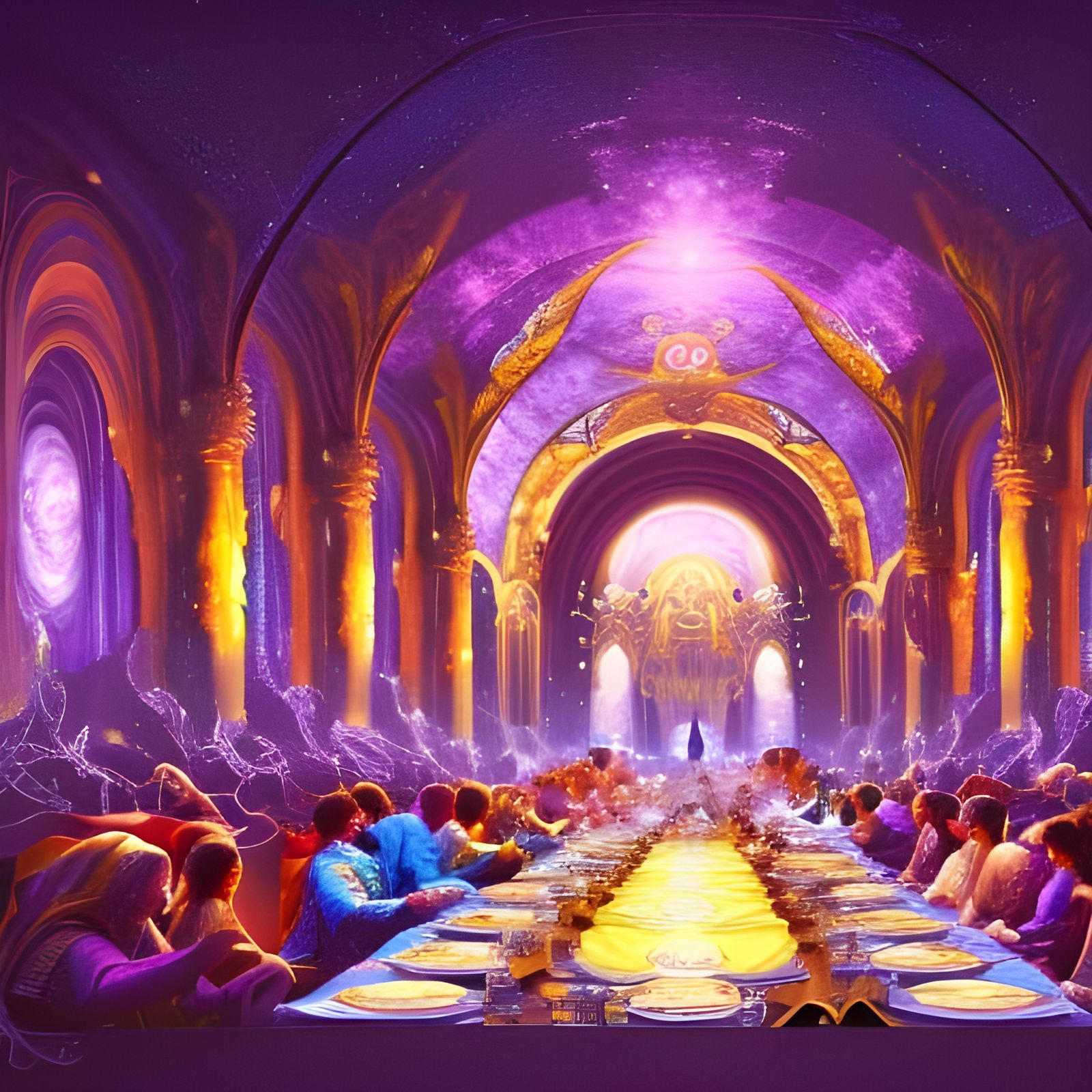 Cosmic Great Hall Feast in High-Tech Style