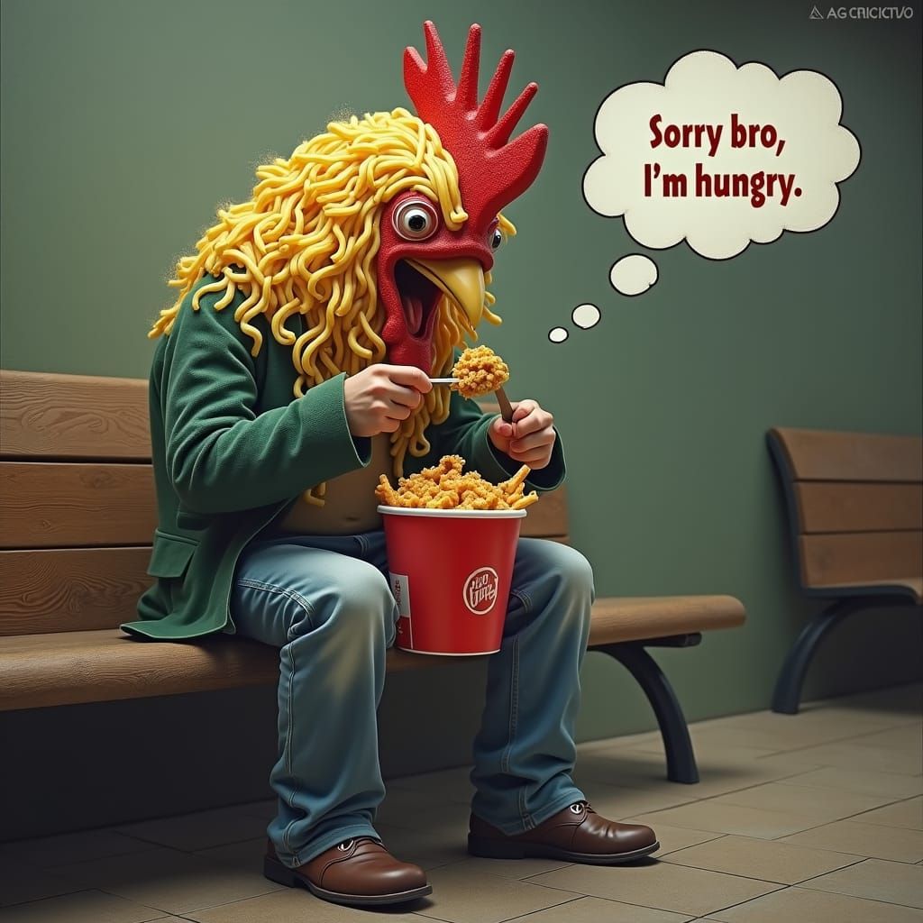 Unsettling Rooster-Headed Man Eats Chicken