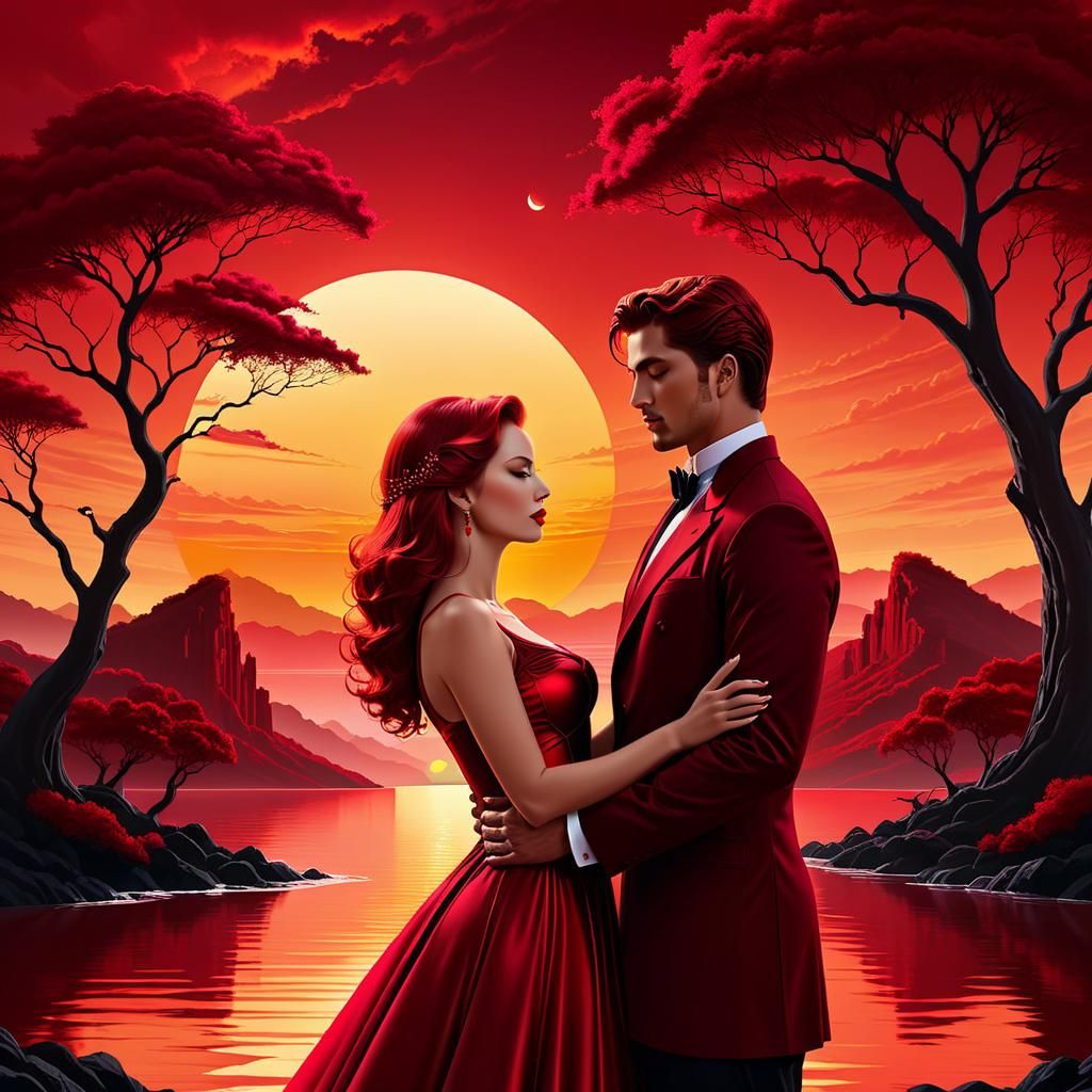 Sunset Romance in Vivid Red Monochrome