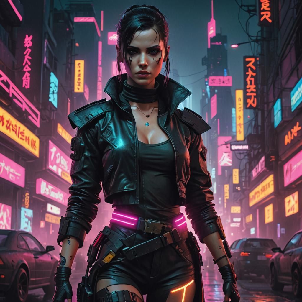 Cyberpunk Assassin in Neon Cityscape