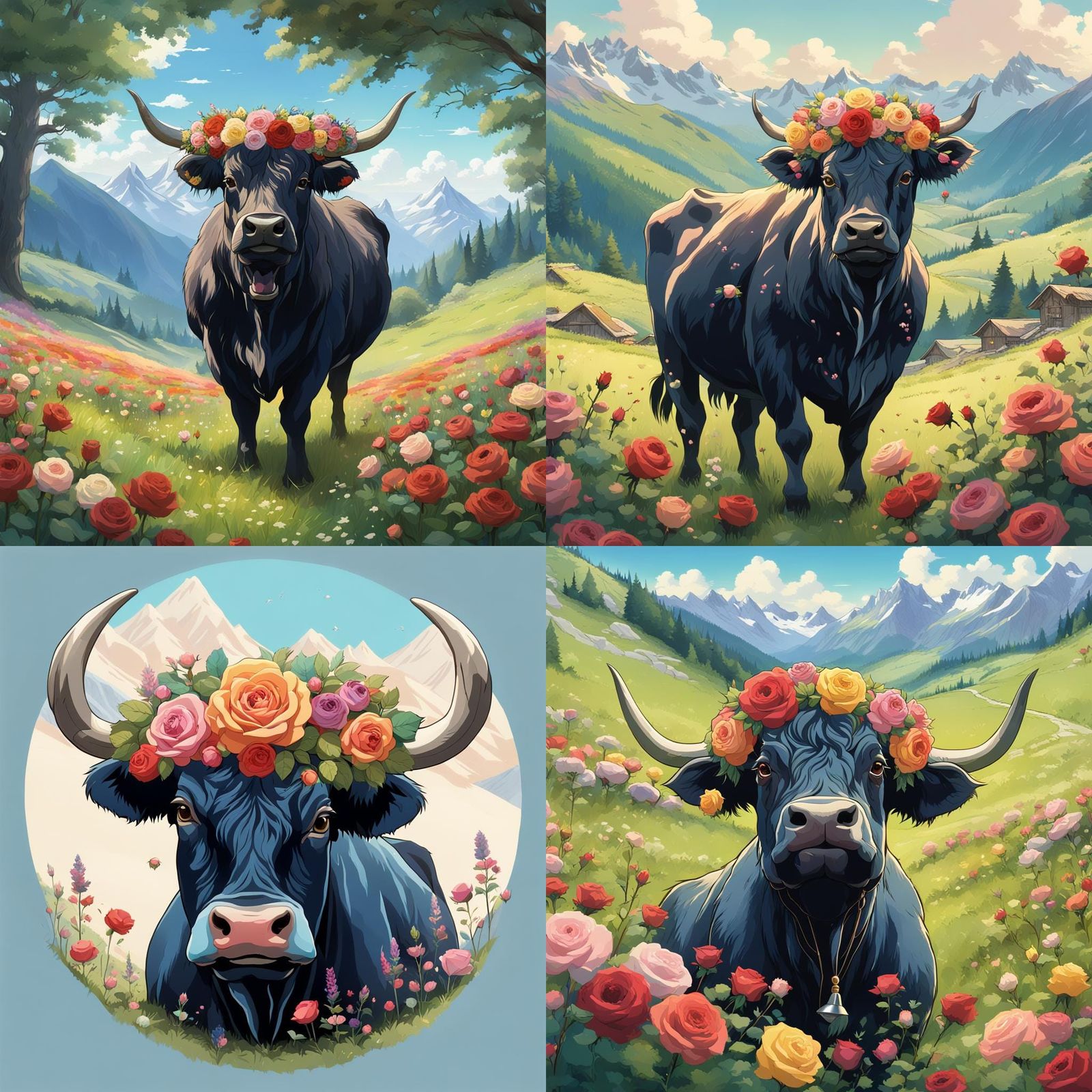 Angus Cow in Alpine Meadow: Anime Key Visual
