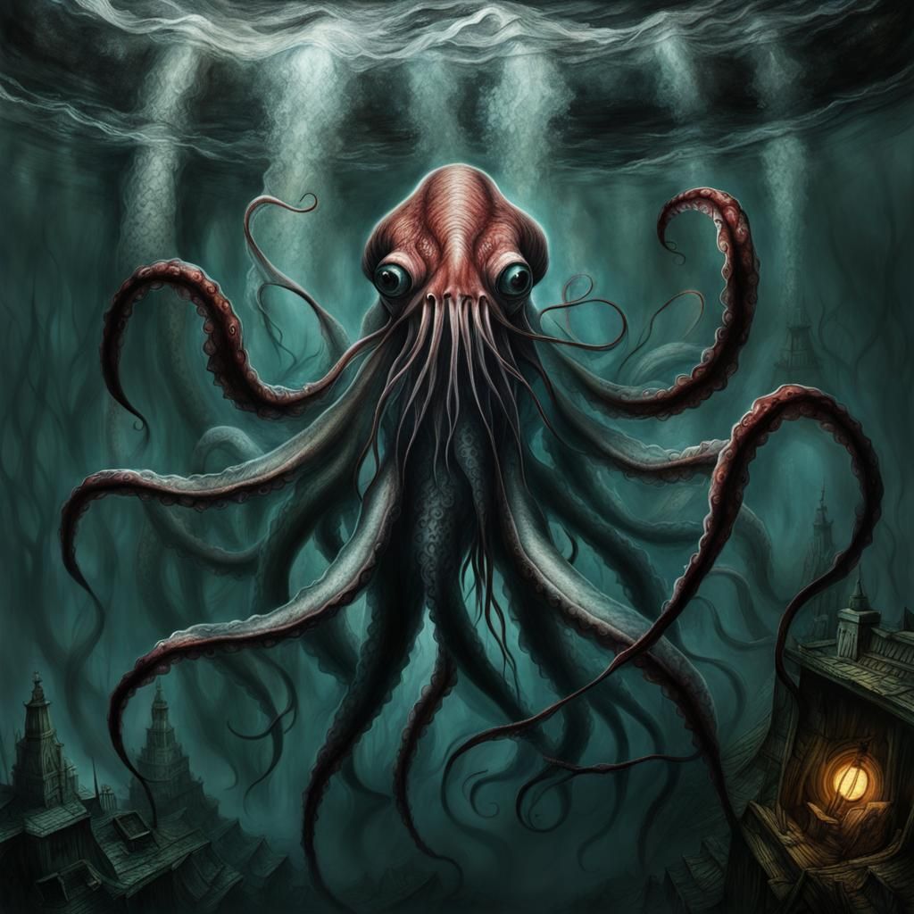 Giant Squid Creature: Detailed Charcoal Sketch