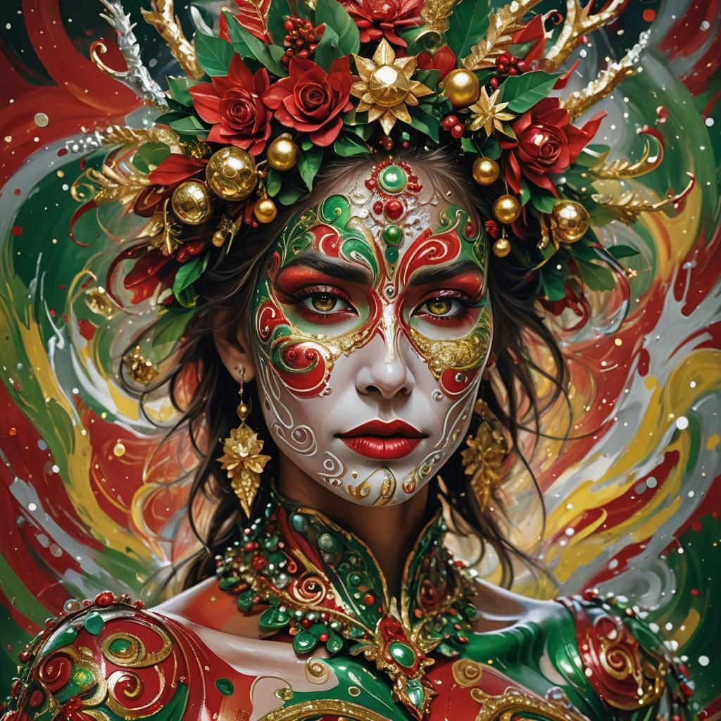 Vibrant Christmas Portrait with Intricate Body Paint and Hea...