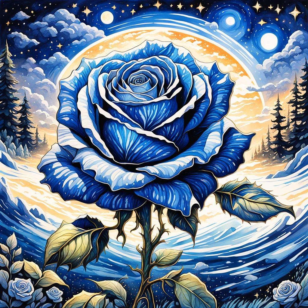 Blue Rose Watercolor Under Starry Night