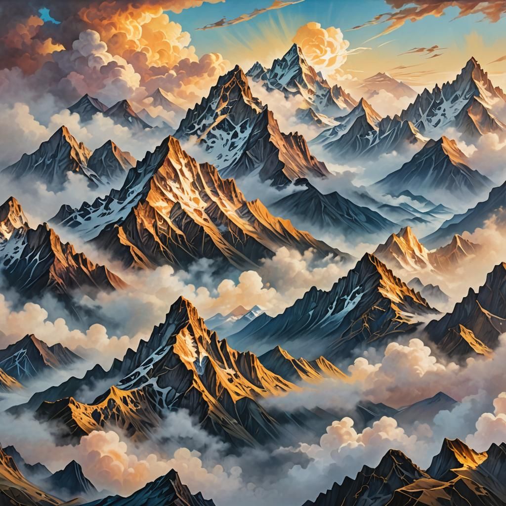 Majestic Mountains Emerging from Clouds in Street Art Style