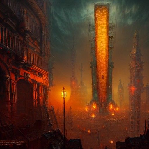 Steampunk City Center with Bronze Monolith