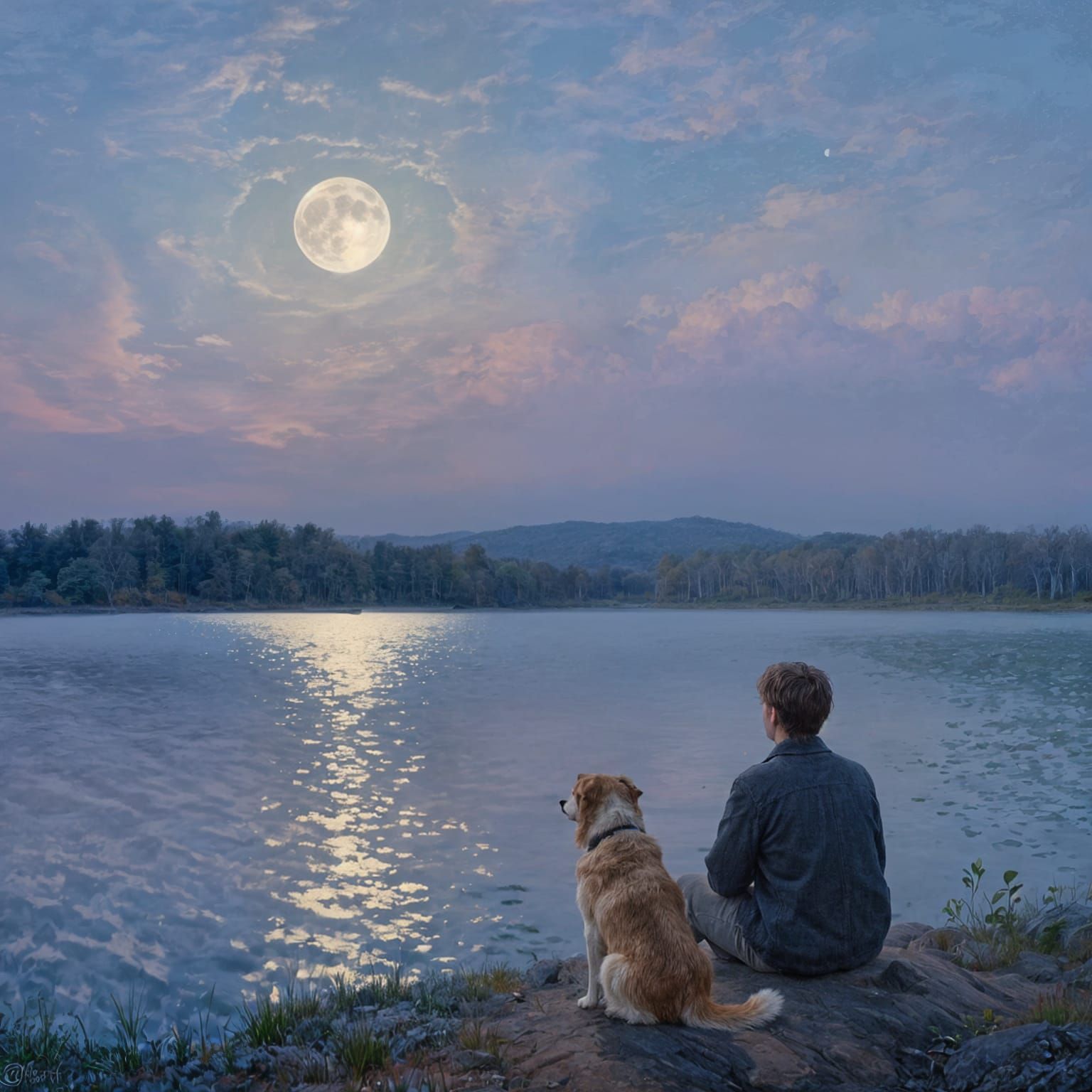 Man and Dog Contemplate Cosmos by Moonlit Lake