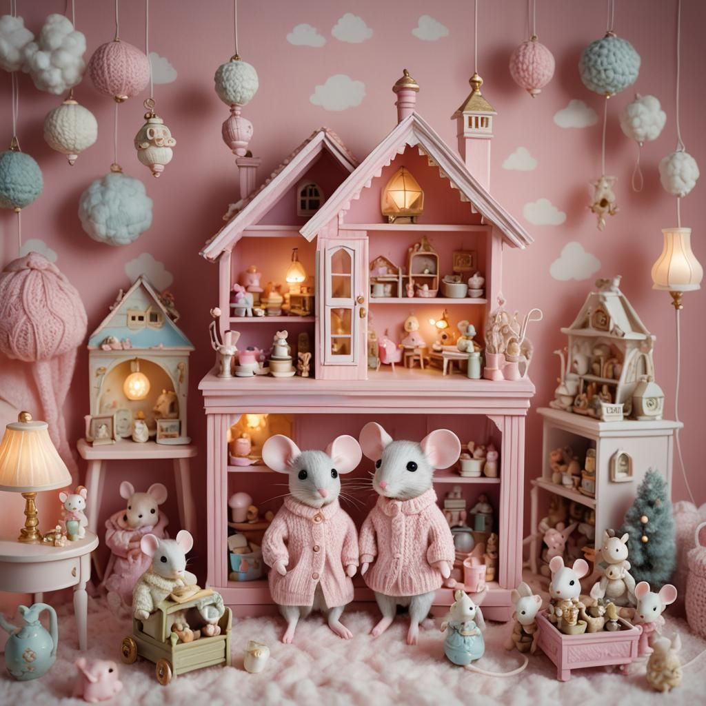 Pink Dollhouse Dreamscape with Mouse in Sweater