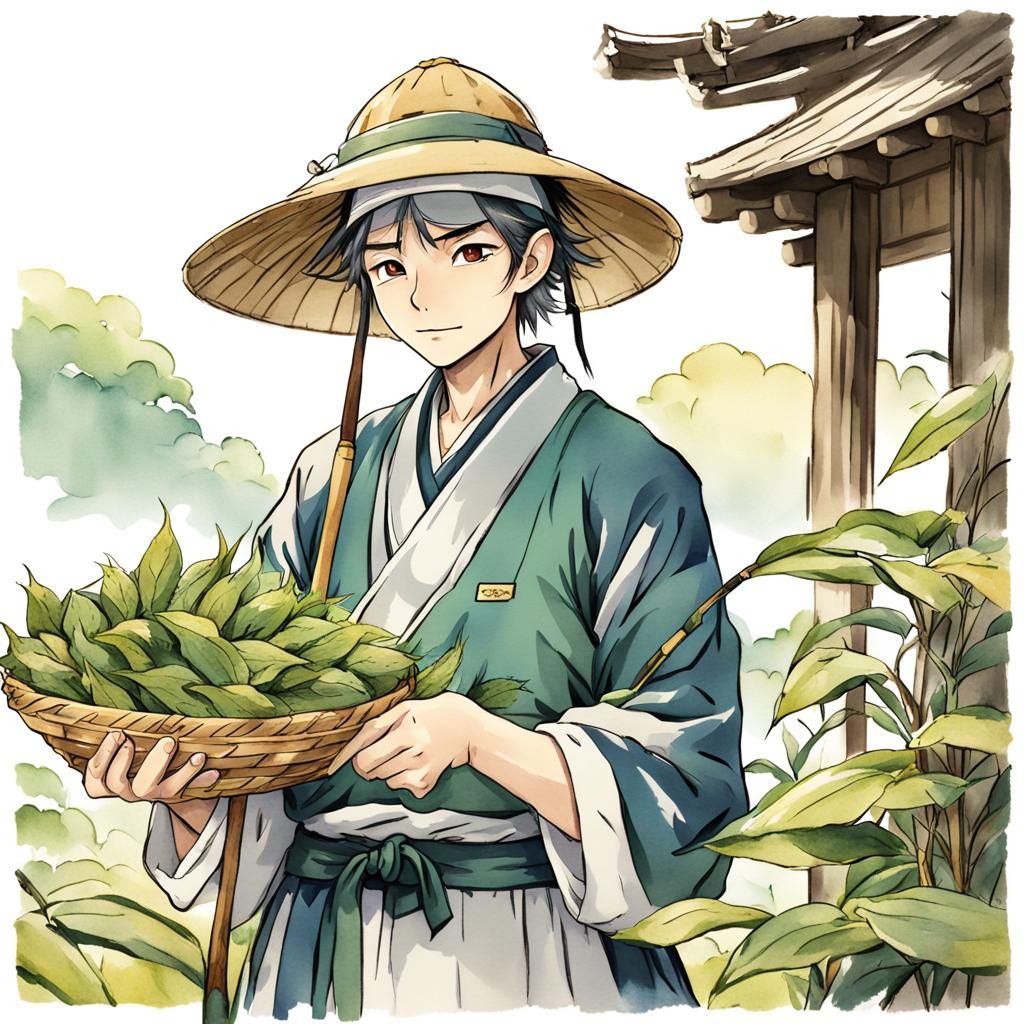 Young Farmer Holding Crop in Japanese Anime Style