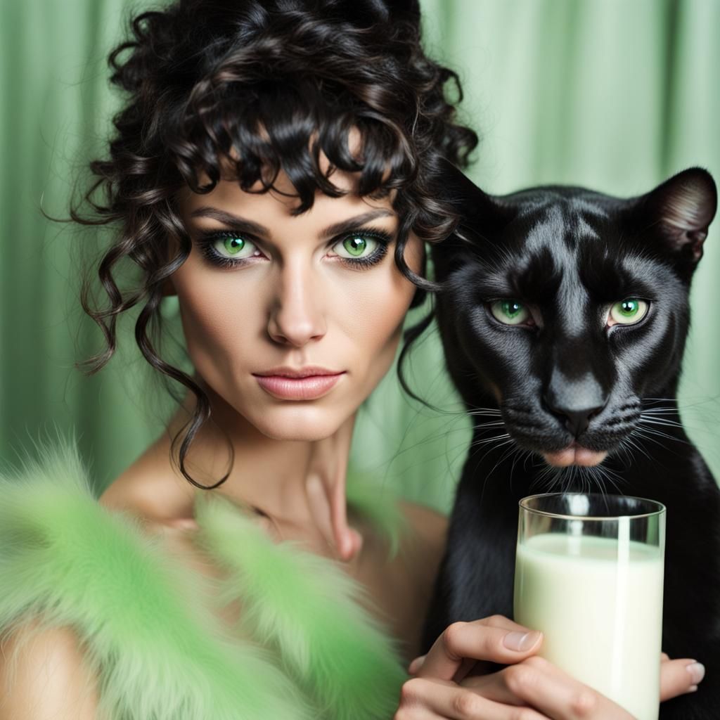 Sensual Panther-Woman Holding Glass of Milk