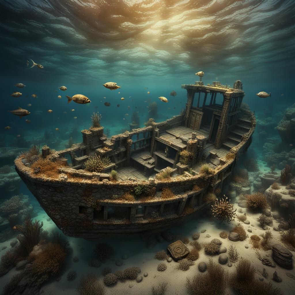 Underwater Ghost Ship with Mermaids in Deep Sea