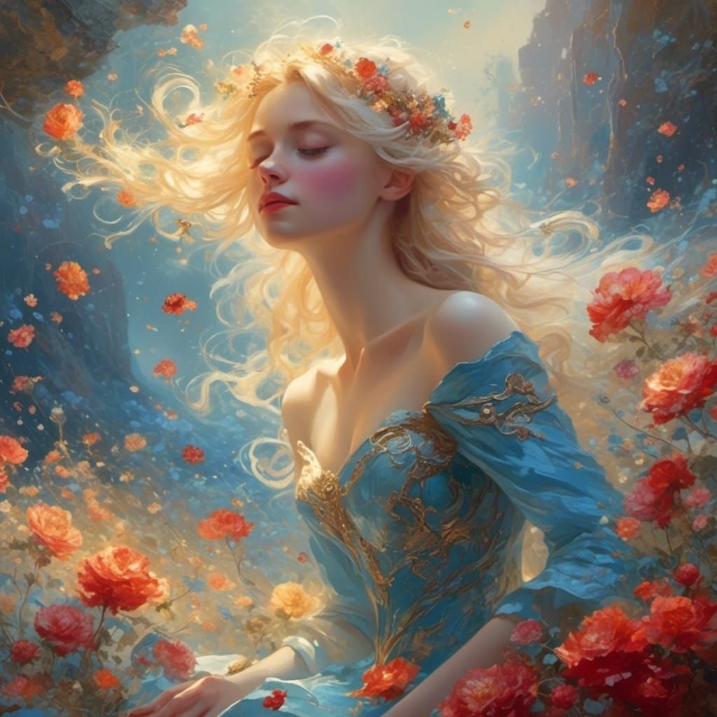 Elf Woman Dancing in a Floral World