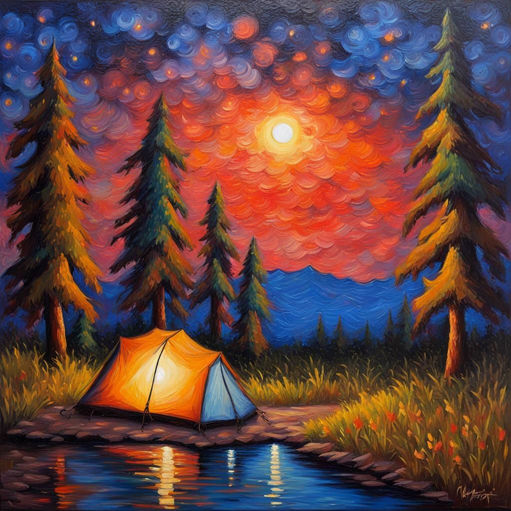 Camping Under Stars: Neo-Impressionist Oil Painting