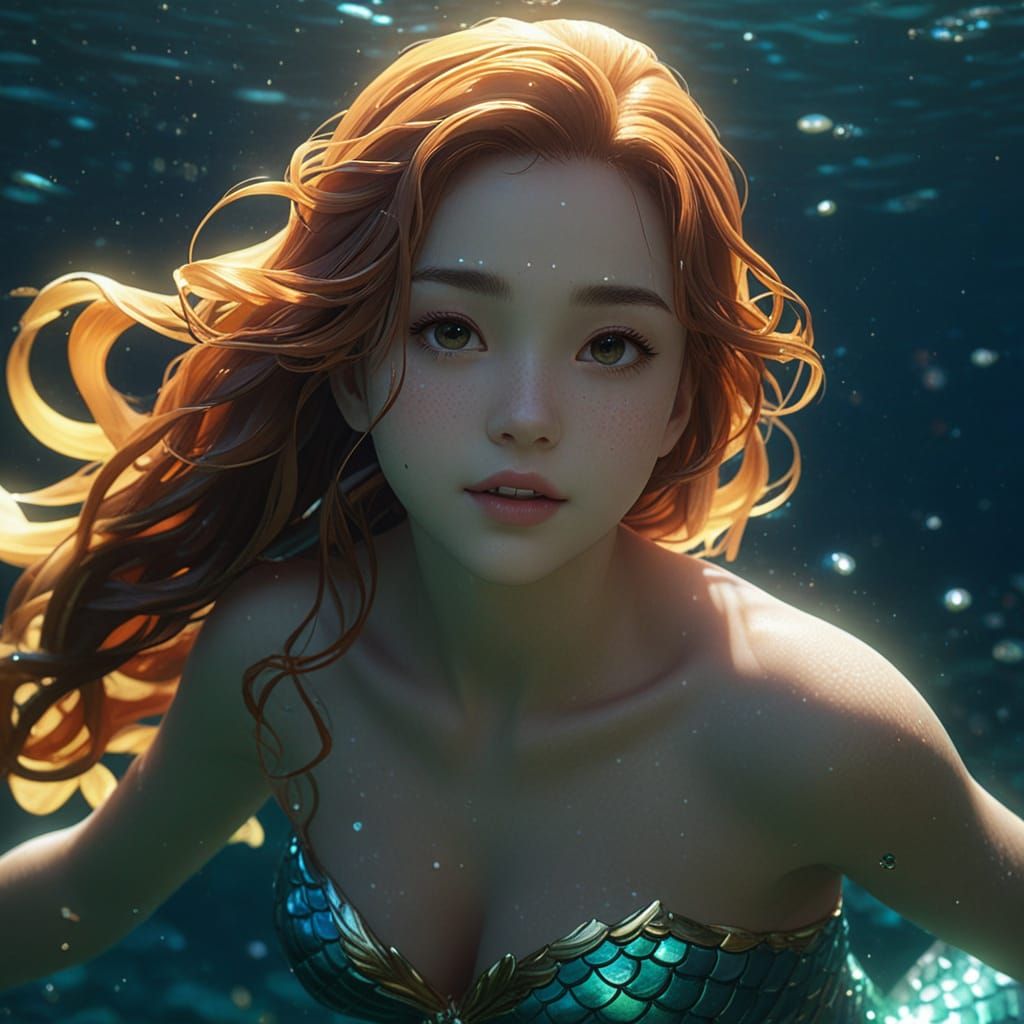 Bioluminescent Mermaid Swimming Underwater in 3D Anime Art