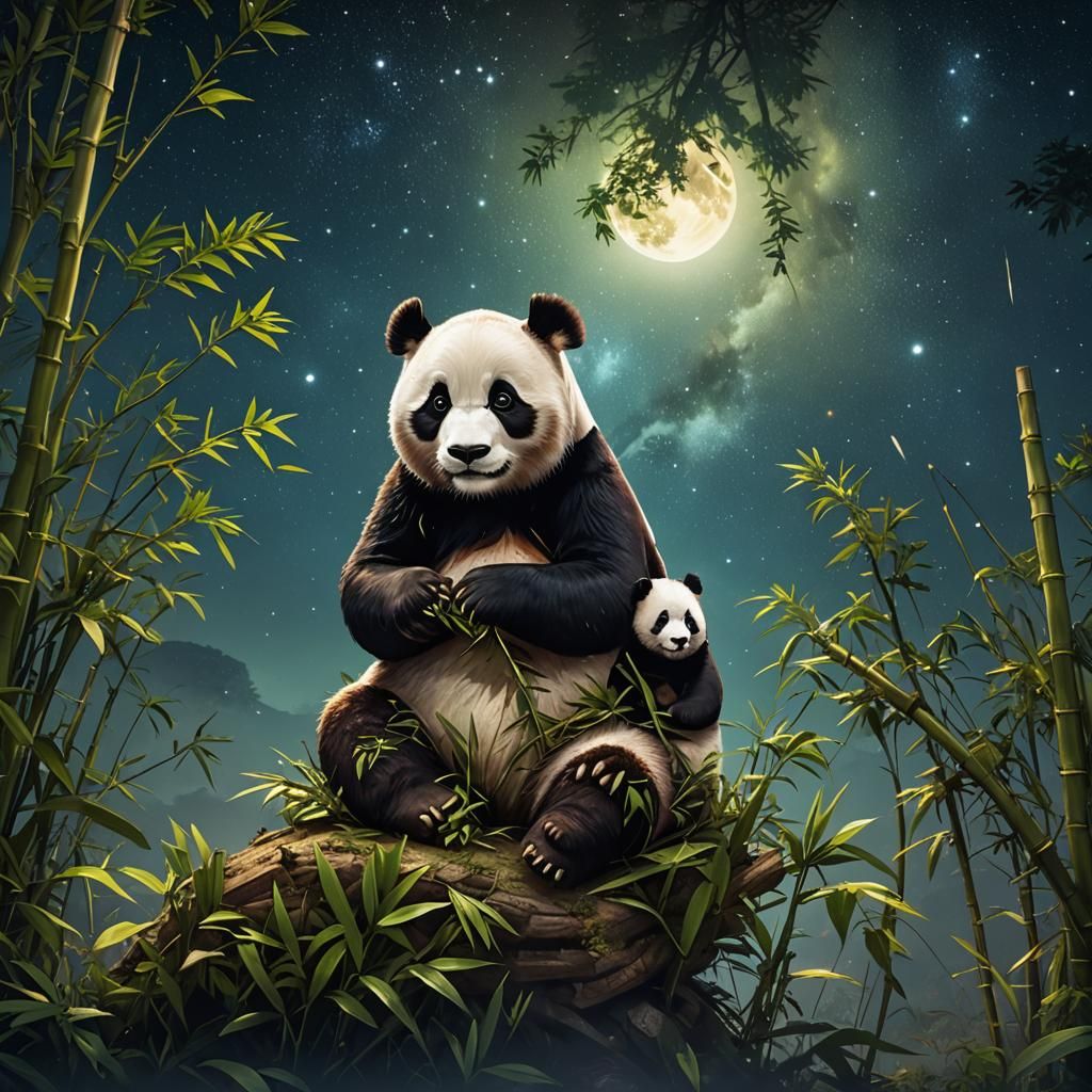 Panda Family Gaze at Starry Night Sky